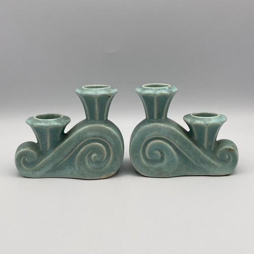Vintage MCM Double Light Pottery Candlestick Pair Aqua Sea Blue Green - Picture 2 of 12