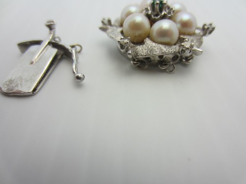 Vintage 14k White Gold Emerald Pearl and Diamond Clasp for 3 Strand Necklace 1" - 第 9/10 張圖片