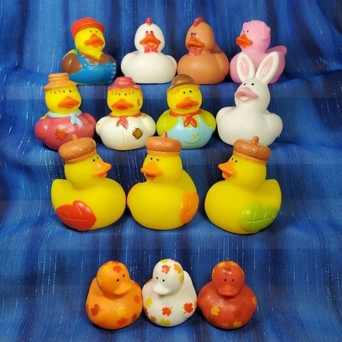Fun Flock 14 Herbsternte Gummienten Bauer Huhn Vogelscheuche Blätter Schwein NEU