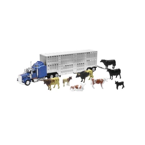 NewRay Toys Kenworth W900 Livestock Hauler with Farm Animals Play Set