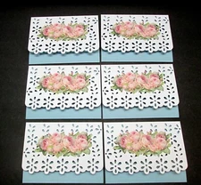 set of 6 ea handmade notecards, envelopes & gift tags 5x3.75 roses &lace on blue