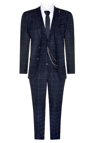 Traje de lana de 3 piezas para hombre azul marino tweed cuadros persianas pico 1920 Gatsby formal - Imagen 2 de 7