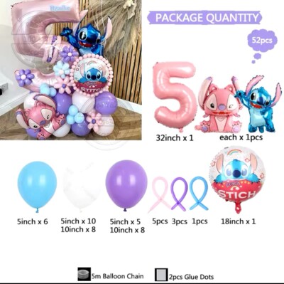 52 Stück Stitch Disney Ballonsäule blau lila weiß Ballon Set rosa Zahl Folie