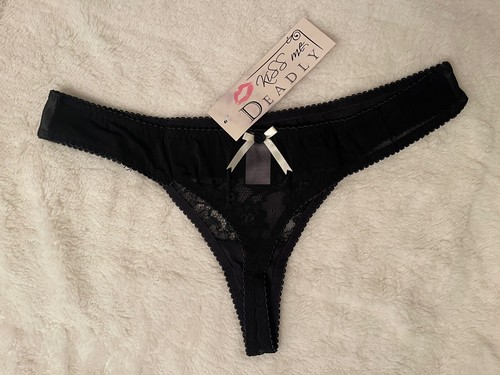 KISS ME DEADLY VINTAGE Women’s Sirena Black Satin Lace Mesh Thong Size Medium - Picture 4 of 7