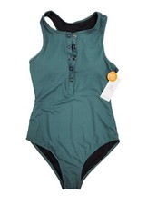 Charmo Womens UPF 50 One-Piece Swimsuit Button Front Design Racerback SZ S Green