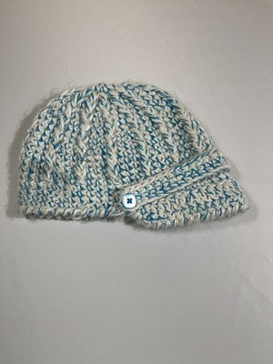 Pistil Blue White Chunky Knit Beanie Hat Button Brim Boho Winter Aesthetic