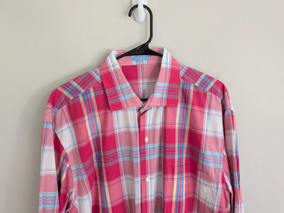 J. McLaughlin Shirt Men's Extra Large Pink Button Up Long Sleeve Plaid Cotton - Image 2 of 4