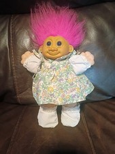 Troll Vintage Russ Berrie Troll Baby 11 Fucsia Hair Blue Eyes Floral Dress