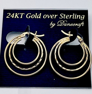 DaneCraft Ohrringe 24 Kt Gold über 925 Sterling D/Schliff 3 Creolen