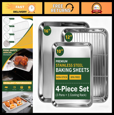 4-Piece Non-Stick Baking Sheet Set with Cooling Rack, Stainless Steel Cookie Tra