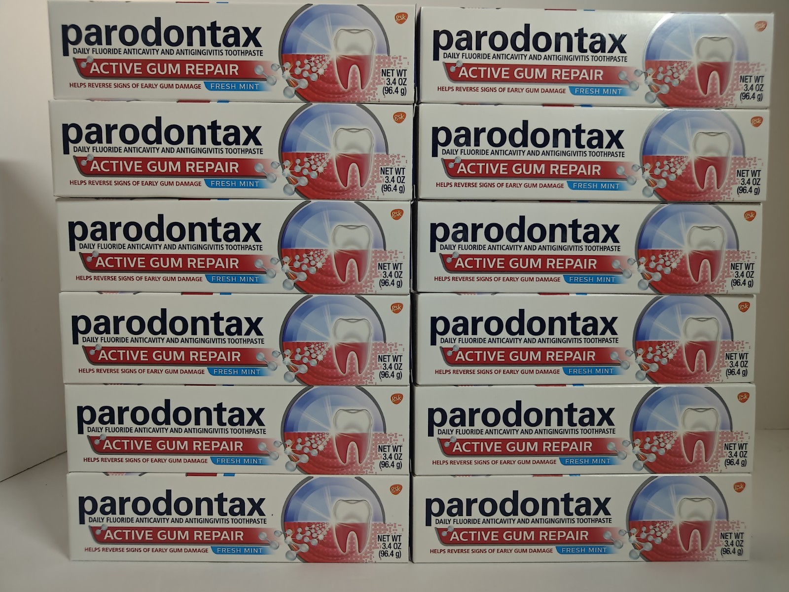 LOT OF 12: PARODONTAX ACTIVE GUM REPAIR TOOTHPASTE FRESH MINT 3.4oz (06/2026)