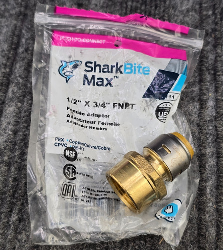 SharkBite Max 1/2" Push-to-Connect x 3/4" FNPT Brass Female Adapter Fitting