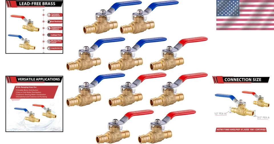 Full Port 1/2" Pex Brass Ball Valve, 10 Pack, cUPC Certified - Image 2 of 4