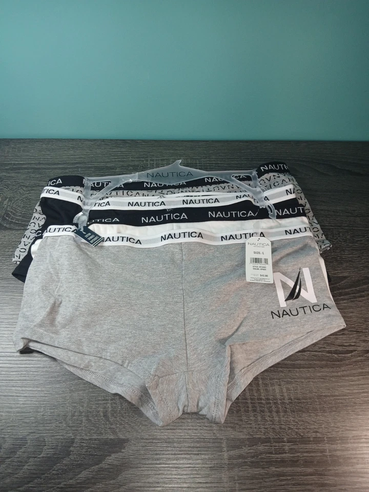 Paquete de 4 pantalones cortos para mujer NAUTICA L algodón logotipo niño gris, blanco, negro, gris logotipo Foto 3 de 4