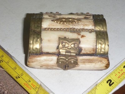 Antique Small Camel Bone Jewelry/Trinket Box -Brass Accents -Hinged, Lined 2¾''L