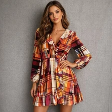 Womens Ruffle Maxi Long Sleeve Dress Sz 10 Art Geometric Abstract Colorful Boho