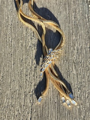 Vintage Double Chain Necklace Gorgeous Rhinestone Pendant Signed FTT