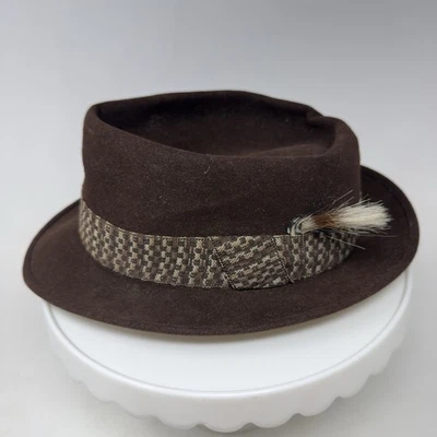VTG Portis Brown Fur Felt Fedora Hat 6 7/8 Mad Men Hatters Union Feather 40s 50s - Image 1 of 4