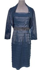 Adrianna Papell Blue Tiered Satin Dress Jacket Set Beaded Waist Size 10