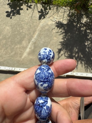 Vintage asiatisches orientalisches Porzellan blau/weiß oval handgeknüpft 24" Perlen Halskette - Bild 8 von 9