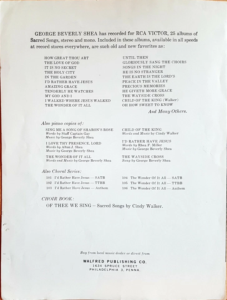 Id Rather Have Jesus By George Beverly Shea Piano Sheet Music Song - Image 3 of 3