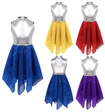 Kids Girls Asymmetrical Lyrical Contemporary Dance Dress Shiny Sequins Dancewear