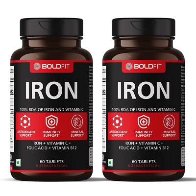 2 X Boldfit Iron Supplement for Women & Men with Vitamin c, Folic Acid - 60 Tabs