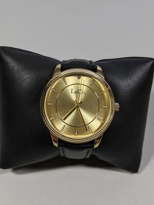 L&CO Gold Tone Dial Round Case 41.7 mm Black Faux Leather Band Watch 9.5 Inch