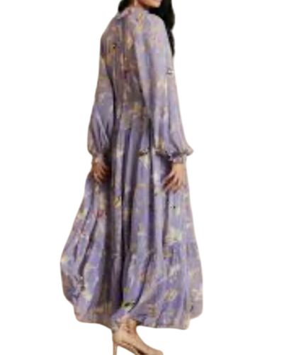 Banana Republic Dress Women XLT Purple Maxi Bird Floral Print Crepe Flowy Girly
