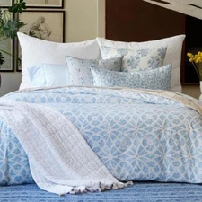 $665 JOHN ROBSHAW NEEL QUEEN DUVET COVER SHAMS SET BLUE GEOMETRIC ARABESQUE TILE