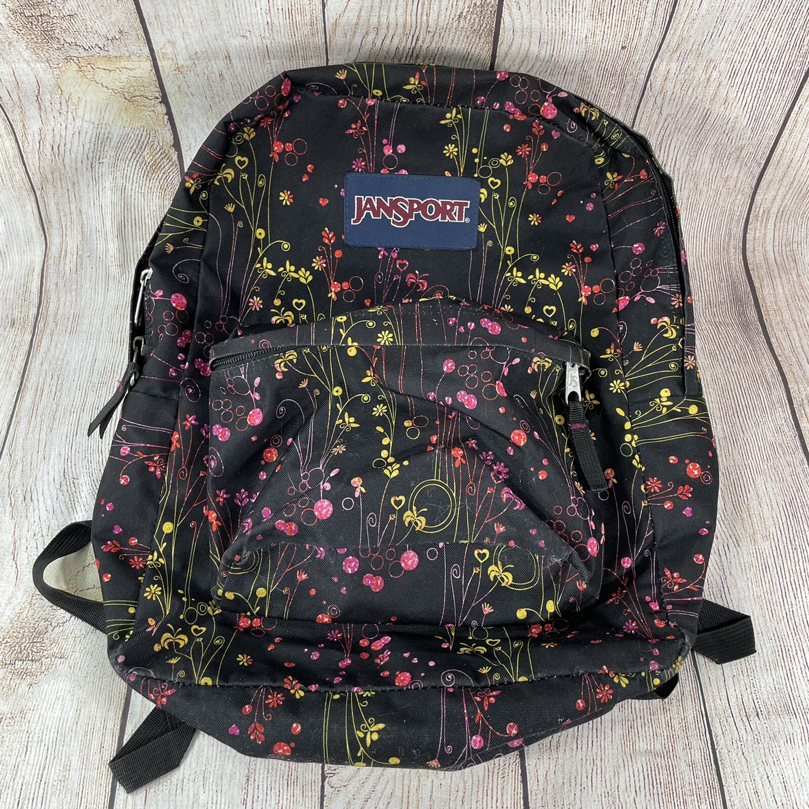Jansport Backpack Floral Flowers Bag Black Pink Womens Gem