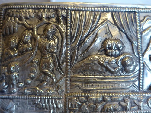 Antikes Bild ca 18 Jh. "Das Leben des Budda" gehämmert Messing versilbert - Picture 9 of 13