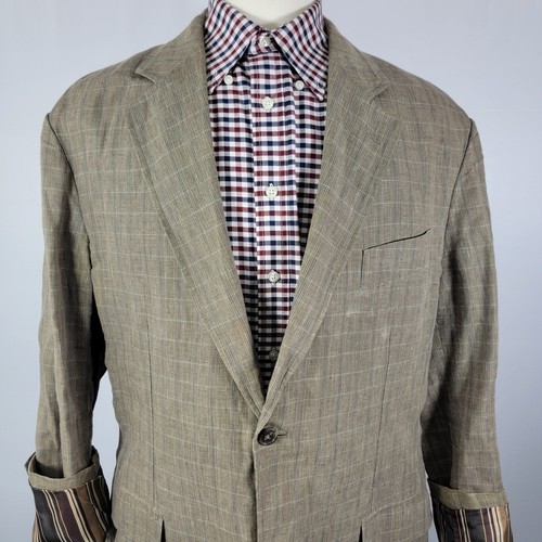 Tasso Elba Men's Sport Coat Blazer Two Button 100% Linen Brown Plaid Sz XL - Picture 2 of 19