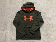 Under Armour Olive Green Orange Giant Logo Hooded Sweatshirt Mens Sz M Athletic