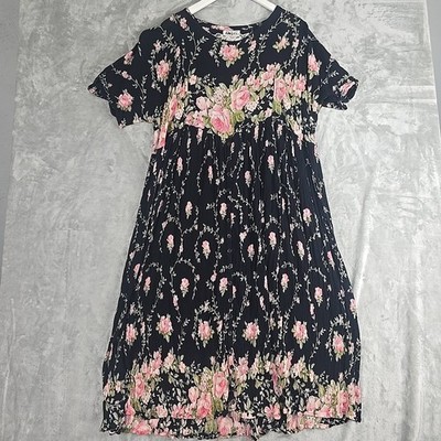 American Angel VTG Plissé Midi Dress 2X Black Pink Sheer Floral Whimsigoth