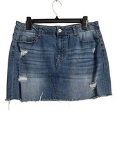 Vanilla Star Denim Mini Skirt Juniors 13 Blue Distressed Raw Hem Stretch Cutoff