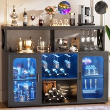 Farmhouse LED Coffee Bar Cabinet Barn Door Sideboard Buffet with Power Outlet