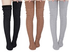 3 Pair Fleece Lined Thigh High Socks Over Knee Cable Knit Boot Leg Warmer