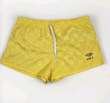 RARE VTG 80  S Umbro Nylon Shorts Soccer Sprinter Shiny Satin Yellow Checkered M