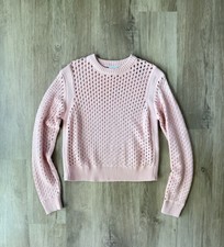 Varley Hains Knit Crew Sweater Womens S Pink Crochet Open Knit Cotton Zip Hem