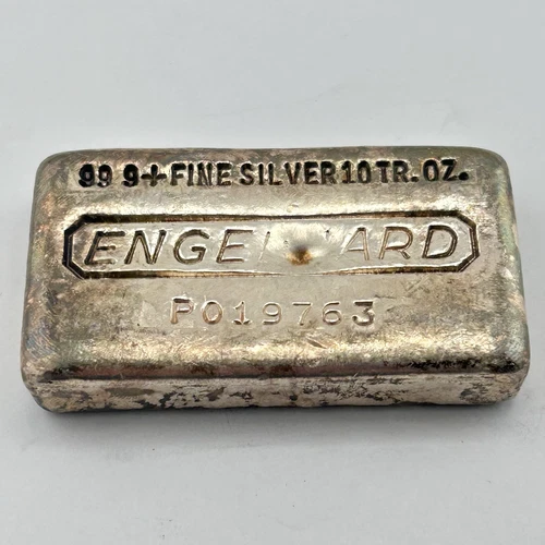 VINTAGE ENGELHARD 10 oz .999 Fine Silver Poured Bullion Bar