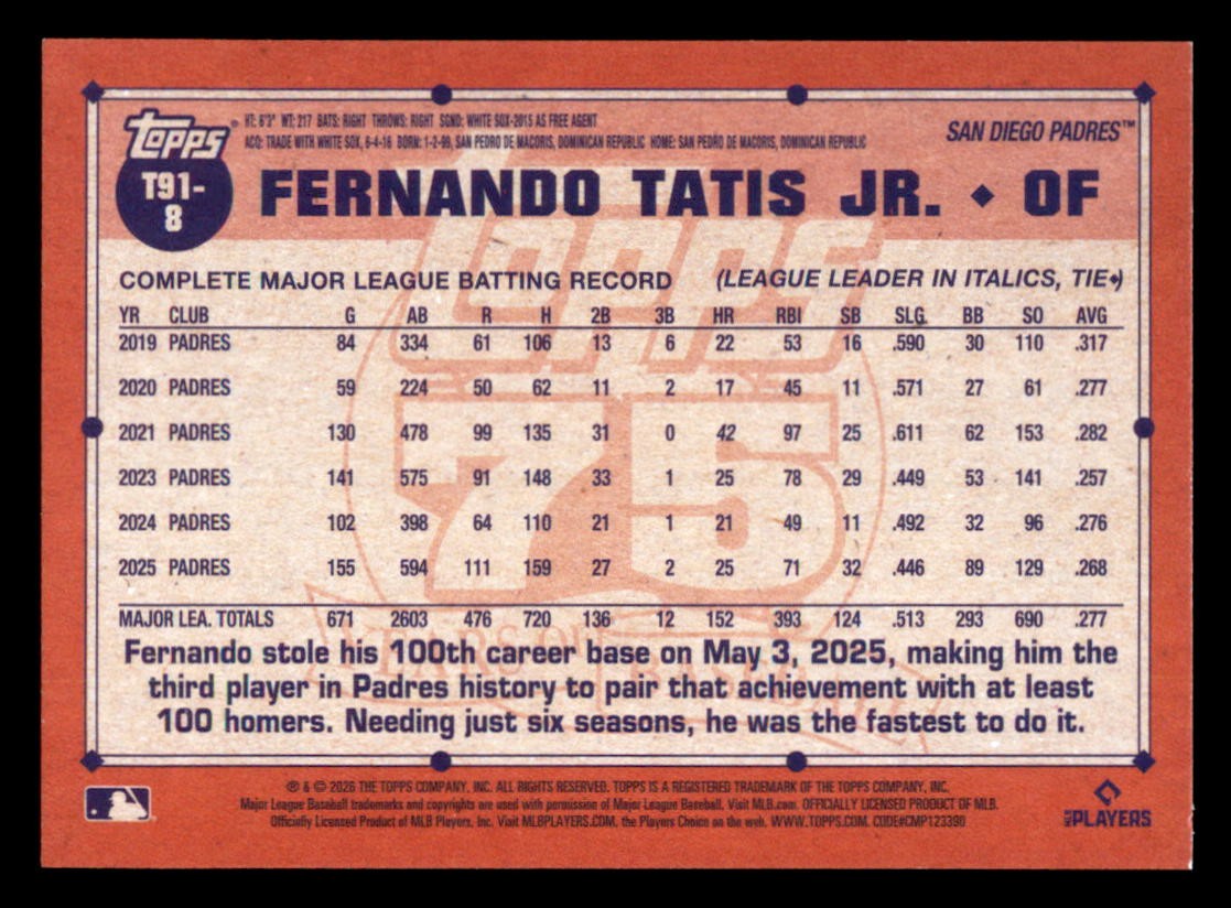 2026 Topps 1991 Topps Baseball #T91-8 Fernando Tatis Jr. San Diego