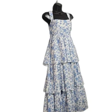 August Sky Women’s Tiered Ruffle Floral Midi/Maxi Teal Legnth Dress Size M