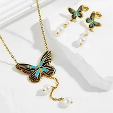 NEW Butterfly Pearl Necklace Earrings Set Gold Black Blue Enamel Titanium Steel