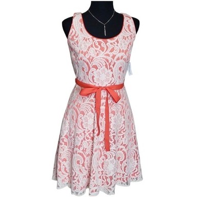 coral lace fit and flare dress Dressbarn Coral Lace Fit Flare Dress Size 8 Sleeveless Tie Waist Women