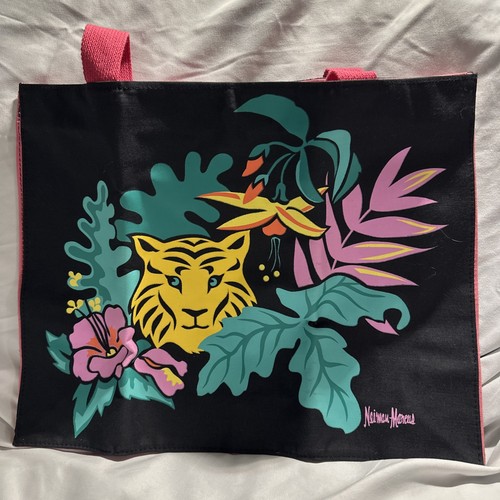 VTG 80s 90s Neiman Marcus Color Block Shopping Canvas Tote Bag Tiger In Jungle - Picture 1 of 10