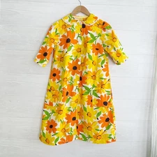Vintage Orange Mod Floral short sleeve A-line button front house coat, M