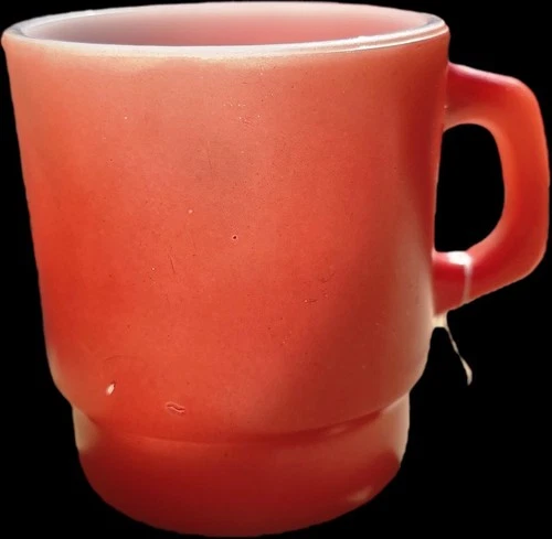 RED Anchor Hocking Stacking D Handle Milk Glass Mug Fire King VINTAGE 1970s