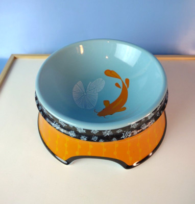 Pier 1 Imports Pet Cat Dog Stoneware Food Water Bowl Orange Koi Goldfish Design