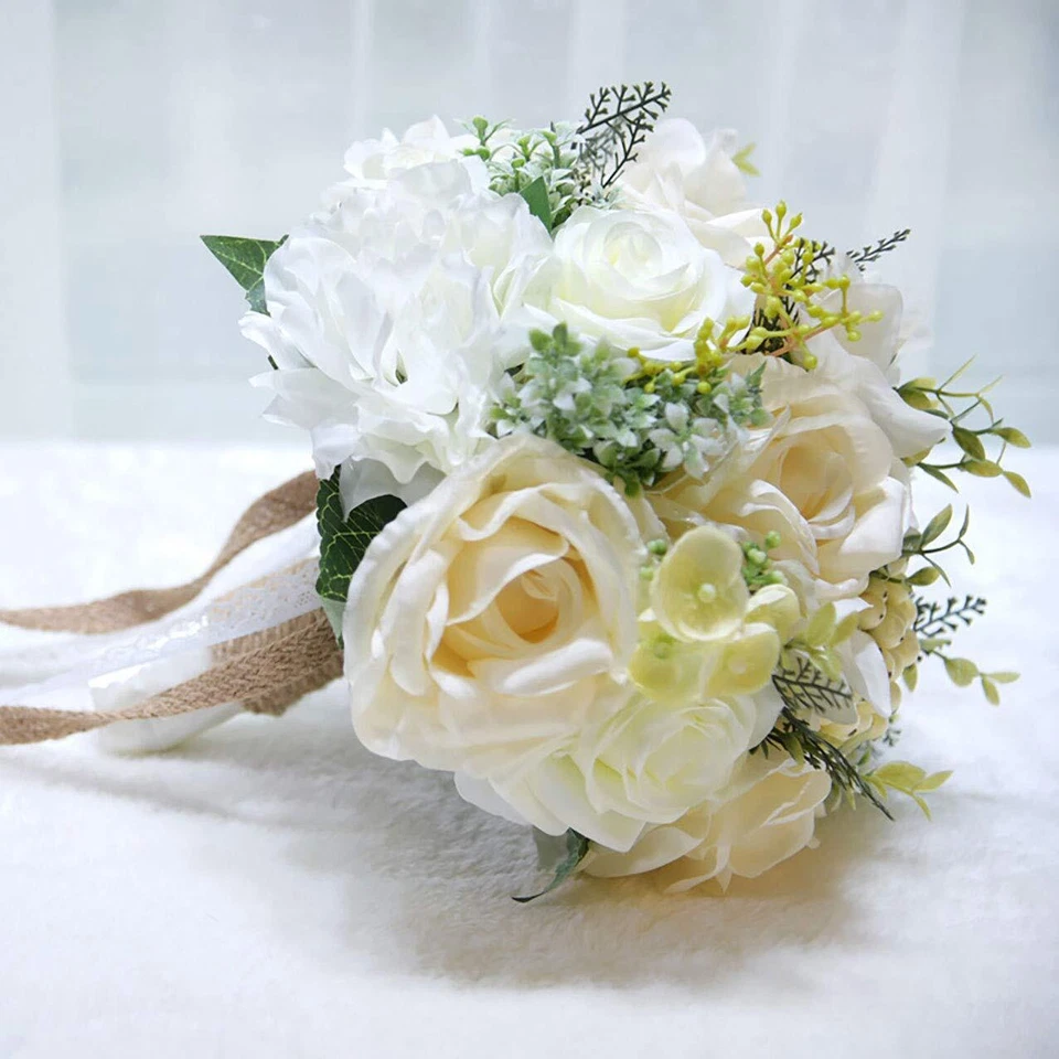 9.8" Bridal Holding Wedding Bouquet Real-Looking Mixed Flowers Ivory Greenery... - Image 4 of 4